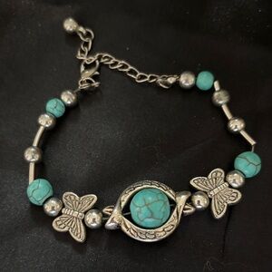 Turquoise Butterfly Silver Bead Bracelet - Unbranded